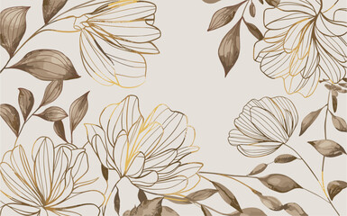 Wall Mural - Elegant floral pattern in gold and beige colors. Flowers are leaves outline drawing. Background, banner, wallpaper design. Vector monochrome illustration.