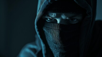 Poster - A man with a hood over his head and a scarf around his face