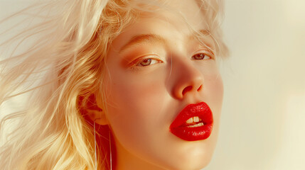 Wall Mural - portrait of a blonde woman wearing a red lipstick 