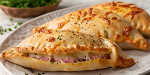 Wall Mural - Delicious golden calzone with cheese and ham in Iowa. Concept Food Photography, Golden Calzone, Cheese, Ham, Iowa