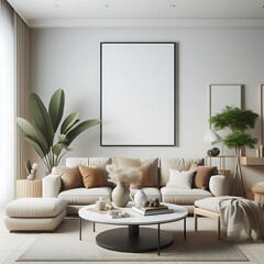 Wall Mural - A living room style interior set design with a mockup poster empty white and with a couch and a coffee table Vibrant engaging professional.