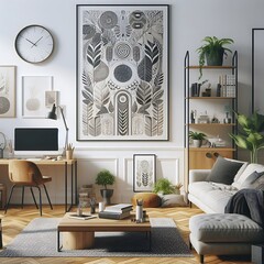 Wall Mural - A living room style interior set design with a mockup poster empty white and with a couch and a desk unique Vibrant.