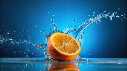 Wall Mural - Water splash from falling orange, isolated on blue background shot at high speed, splash, water, falling, orange