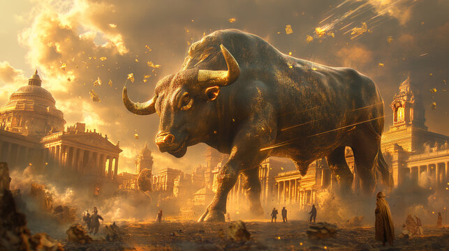 A giant bull destroying a city.  Art.