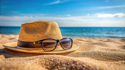 Wall Mural - of hat and glasses on sandy beach background, beach, summer, sunny, vacation, holiday, tropical, accessories, sunglasses, hat
