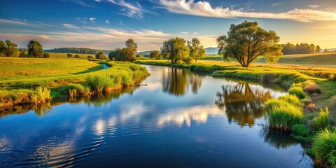 Wall Mural - Serene river flowing through rural landscape, river, serene, pristine, landscape, rural, peaceful, tranquil, nature, water