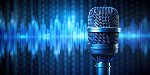 Wall Mural - Blue microphone with audio waveform on blue background in recording studio, microphone, blue, audio