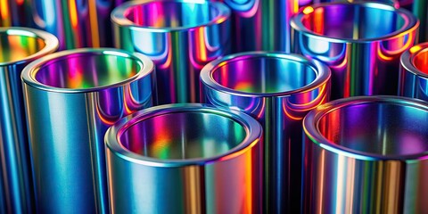 Wall Mural - Close-up of metallic cylindrical components with iridescent, reflective surfaces in vibrant colors , metal, cylindrical