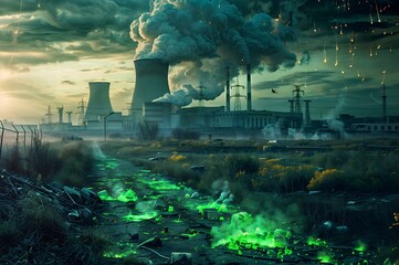 Wall Mural - Radioactive disaster at a nuclear power plant. Ecology, radioactive pollution and environmental issues concept. Digital illustration for wallpaper, poster, banner