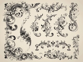  Hand drawn design elements collection. Floral frames, corners, dividers, calligraphic lines, borders, swirls. Illustration in vintage style