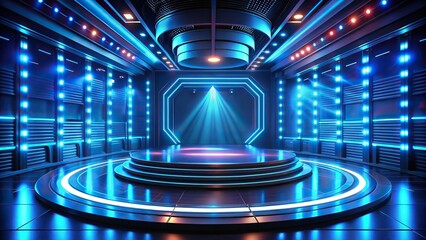 Wall Mural - Futuristic stage with neon blue lights for sci-fi presentations , stage, futuristic, neon, blue lights