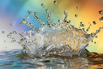 Wall Mural - The abstract art of a splash of water captured with a high-speed camera against a rainbow