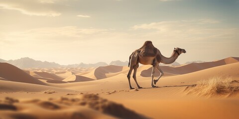 Wall Mural - Camel in the desert at sunset.