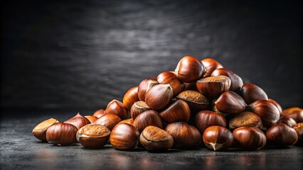 Wall Mural - A pile of chestnuts on a black surface with a dark background, chestnuts, food, autumn, harvest, organic, nuts, healthy, snack
