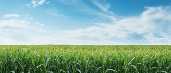 Green corn field and blue sky with white clouds.