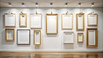 Wall Mural - Empty picture frames hanging on white gallery wall, white, empty, picture frames, gallery, wall, interior, display, decor, museum