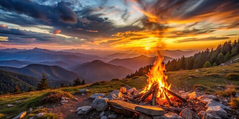 Wall Mural - Bonfire glowing during evening hike with stunning sunset view of mountains , Bonfire, hike, evening, sunset, mountains, view