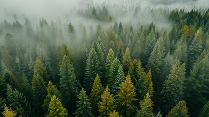 Poster - drone photo of a forest in the Pacific Northwest on a foggy day,