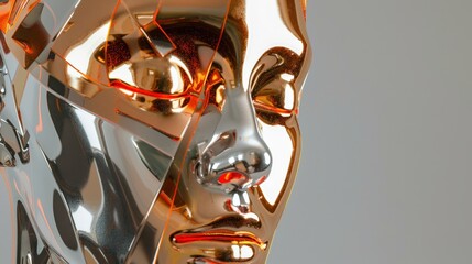 face female statue, gold and silver details on the face, in full height, white background, minimalism, red line with orange square as an accent at her shoulder