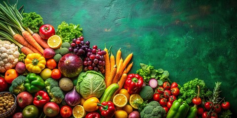 Wall Mural - Variety of colorful vegetables and fruits displayed on a deep green background, nutrient-rich, whole foods