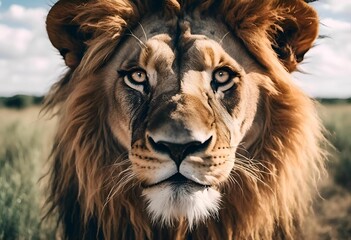 Poster - AI generated illustration of a close-up portrait of a majestic lion with a lush mane in the wild.