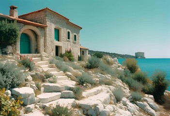 Poster - AI generated illustration of a picturesque stone house with a red-tiled roof overlooking the sea