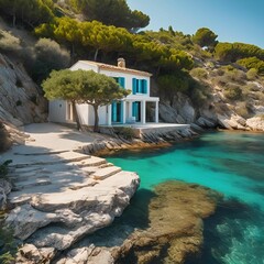 Poster - AI generated illustration of a beautiful seaside house nestled against a rocky cliff