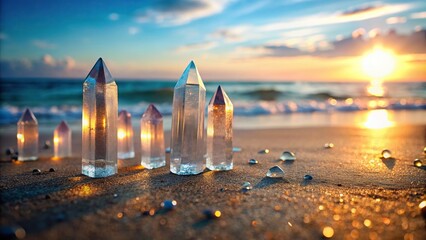 Wall Mural - Crystal towers on beach with magical bokeh background, crystal, towers, beach, sea, magical, bokeh, background, scenic