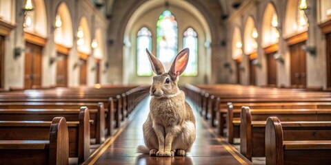 Rabbit sitting in a church interior. rendering. Religious concept, Rabbit, animal, church, interior, rendering