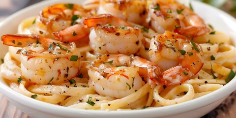 Wall Mural - Delicious Shrimp Scampi Shrimp Cooked in Garlic Butter and White Wine Over Pasta. Concept Shrimp Scampi Recipe, Garlic Butter Sauce, White Wine, Pasta, Gourmet Seafood