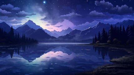 Wall Mural - Nighttime Serenity Over a Reflective Lake Against Mountain Ranges