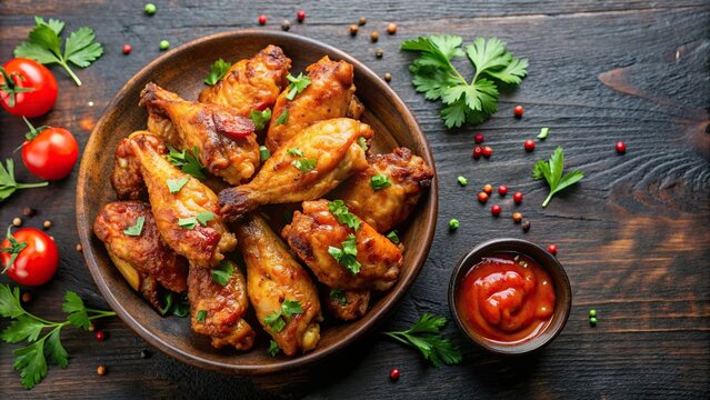 Delicious chicken wings on a background, tasty, flavorful, crispy, appetizing, food photography, poultry, fried, savory, succulent