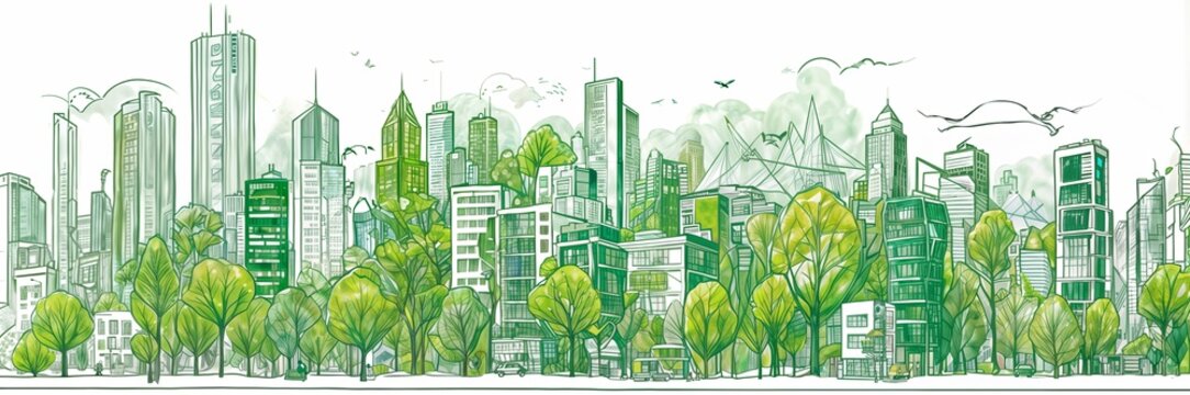 city skyline with green trees integrated into the architecture, creating a harmonious blend of urban and natural elements.