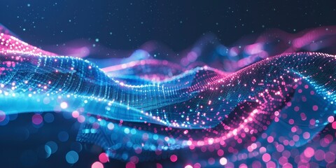 Abstract digital background with a glowing wave of particles and dots