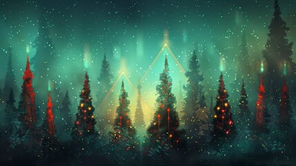 painting of christmas trees with glowing lights in snowfall at night