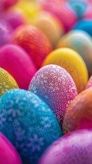 Colorful glittery easter eggs in various colors arranged neatly with blur background