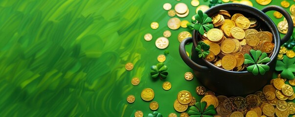 A pot full with gold coins with clover leafs and rainbow on green background