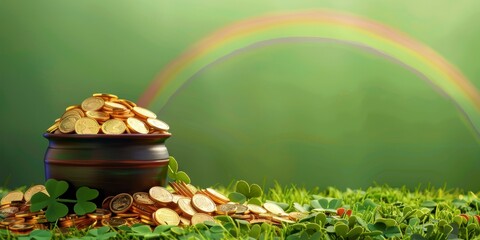 A pot full with gold coins with clover leafs and rainbow on green background