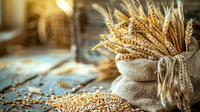 Wheat grains and ear in sack closeup view