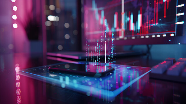 Multi exposure of desktop with personal computer and tech theme drawing ,Modern graphic interface shows massive information of business sale report, profit chart and stock market trends analysis