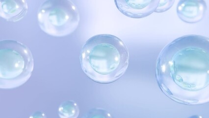 Poster - A macro photo of many water bubbles rising against a light blue background. Design for moisturizing bubble blobs in beauty gloss in ultra-slow motion. 3D cosmetic serum animation