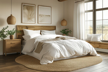 interior of a bedroom, An ultra-realistic image of a modern bedroom featuring Scandinavian style interior design. 