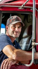 Aufkleber - A man is smiling and sitting in the driver's seat of a red truck
