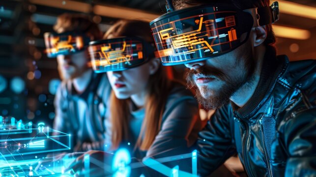 group of professionals in a futuristic office using augmented reality and advanced software to plan 