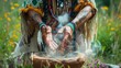 © thekob5123 - Native American healer in traditional regalia, performing a healing ritual with herbs and natural elements in a community setting, emphasizing holistic health practices