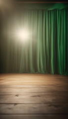 Wall Mural - Empty green curtain stage wooden floor with a spotlight