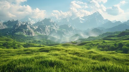 Natural scenery including mountains and green grass