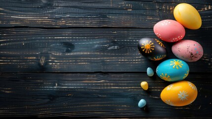 Poster - Brightly colored Easter eggs arranged on a dark wooden surface with space for text from top view