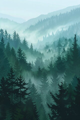 Wall Mural - Misty Oregon Forest Landscape in Pacific Northwest, Vector Style Animation
