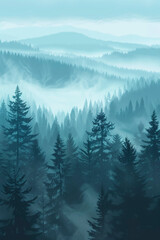 Poster - Misty Washington Forest Landscape in Pacific Northwest, Vector Style Animation